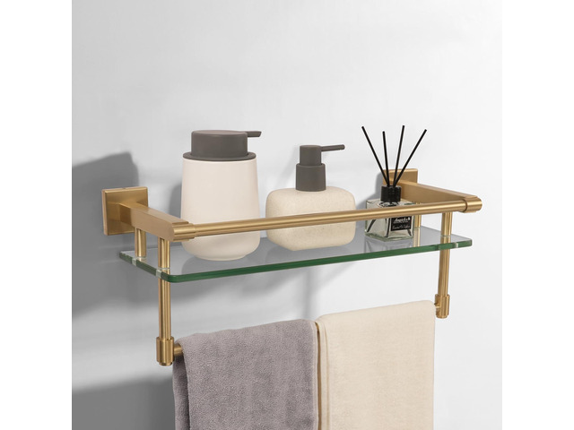 Bathroom Glass Shelf Brushed Gold Finish with Towel Rack, SUS304 Stainless Steel, 16-inch Tempered Glass Shelves for Wall