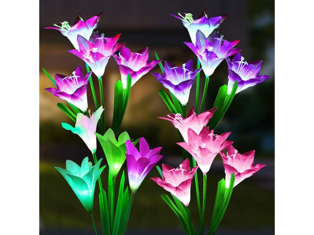 Solar Lights Outdoor - Lily Flower Solar Garden Lights, 4 Pack Lights Outdoor Waterproof Multicolor Changing LED Flower with Bigger Lily for Patio...