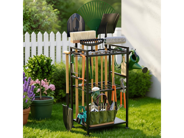 Garden Tool Organizer with Feet Up to 35 Long-Handled Tools Black Yard Tower Rack for Garage Organization and Storage, Heavy Duty Steel Garden...