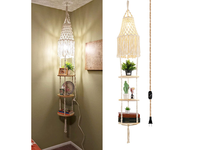 Boho Plug in Pendant Light Hanging Light with Plug in Cord,Dimmable Switch Hanging Lamp Macrame Lamp Shade and Plant Holder Shelf Indoor for...