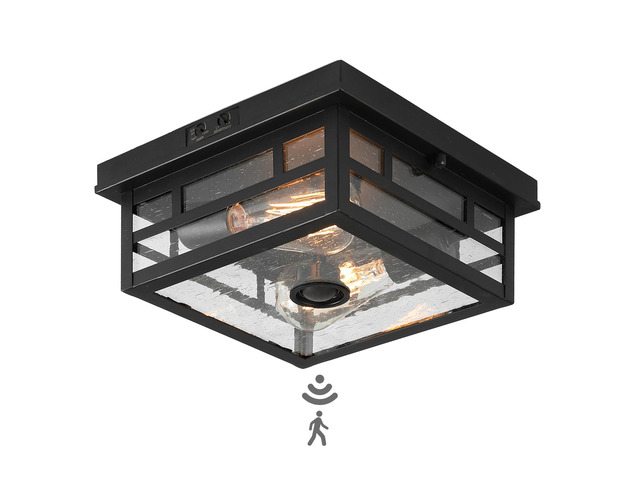 Outdoor Flush Mount Motion Sensor Ceiling Light - Timeless Industrial Design with Seeded Clear Glass for Your Porch, Driveway, Covered Patio,...