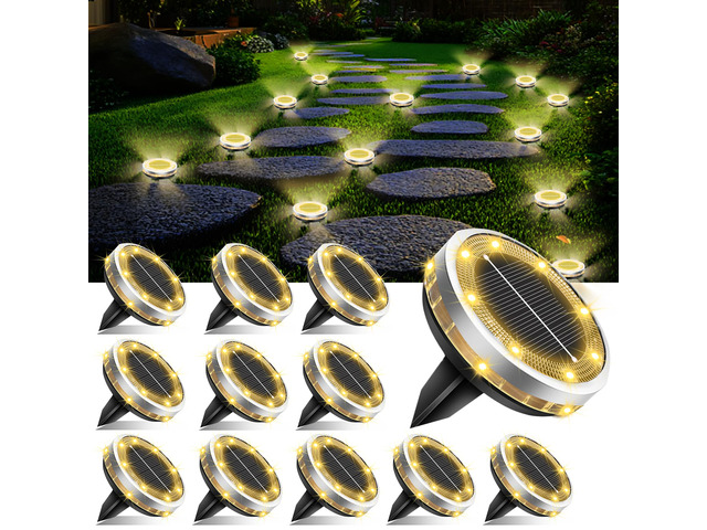 Solar Ground Lights Outdoor 12 Pack Waterproof, Upgraded Solar Garden Lights with 4 Side Light, Stainless Steel Solar Powered Disc Landscape Light...