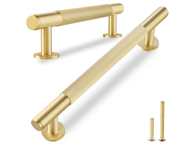 5-Pack Solid Brass Cabinet Pulls, 5-Inch Hole Center Handles Solid Brass Construction, Brushed Gold Finish, Cabinet Pulls, Drawer Pulls, Bar...