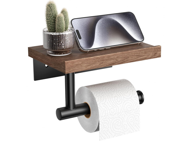Toilet Paper Holder with Wood Shelf, Wooden Wall Mount Tissue Paper Roll Holder, Matte Black Stainless Steel Bathroom Accessories Decor Household...
