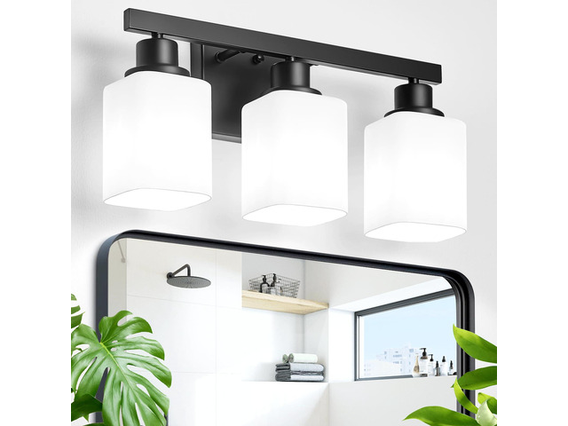 3-Light Bathroom Vanity Light,Modern Matte Black Bathroom Light Fixtures with Square Frosted Glass,Wall Sconces Lighting fixtures Over Mirror...