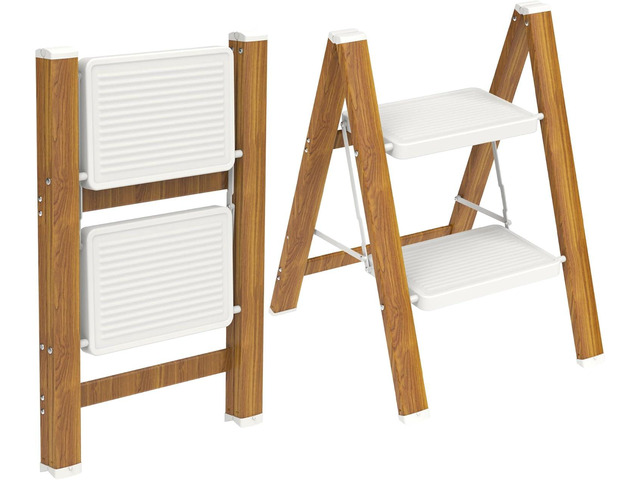 Step Ladder, Lightweight Aluminum Folding Step Stool Anti-Slip Wide Pedal, 330lbs Capacity Step Ladder for Household Kitchen Office, WhiteWoodgrain