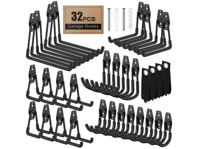 32-Pack Heavy Duty Wall Mount Garage Hooks Hanging Storage For Ladders, Hoses, Bikes, Garden Tools, Ropes; For Yard, Warehouse, Workshop, Shed, Shop