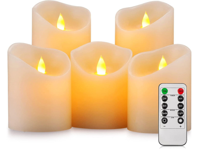 Flameless Candles, Flickering Moving Flame LED Candles Set of 5 (Size: D: 3' x H: 4'/4'/4'/6'/6') Pillar Realistic Real Wax Battery Operated...