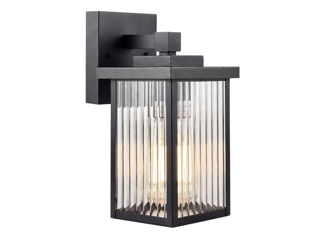 Black Wall Mount Porch Lights with Ribbed Fluted Glass 10.6 inch, Anti-Rust Metal Frame, Tempered Glass, E26 Socket, Pre-Assembled DIY Install...
