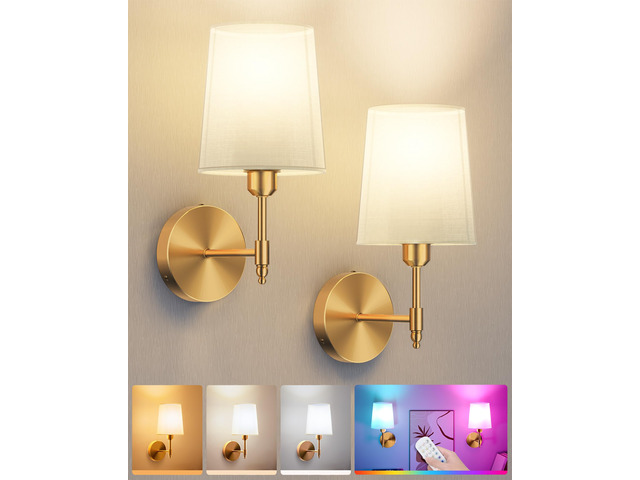 Battery Operated Wall Sconces Set of 2, Remote Control, RGB Bulb, Gold Wireless Rechargeable Dimmable Wall Light with RGB Bulb and Remote for...
