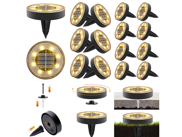 2-in-1 Solar Lights Outdoor Waterproof, 16 Pack 8 LED, Warm White Solar Powered Garden Lights Ground Disc Landscape Lighting for Patio Pathway...