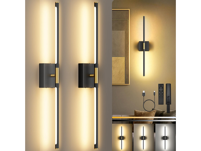 10000mAh Rechargeable Wall Lights, Black Gold, 29 Inch, 3CCT, 2 Pack Battery Operated Wall Sconces Set of 2, Remote Control, 360Â° Rotate, Dimmable,...