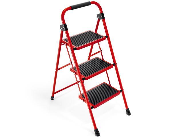 3 Step Ladder, Folding Step Stool with Anti-Slip Wide Pedal Lightweight Stepladder with Handrails, Portable for Kitchen, Household, Red