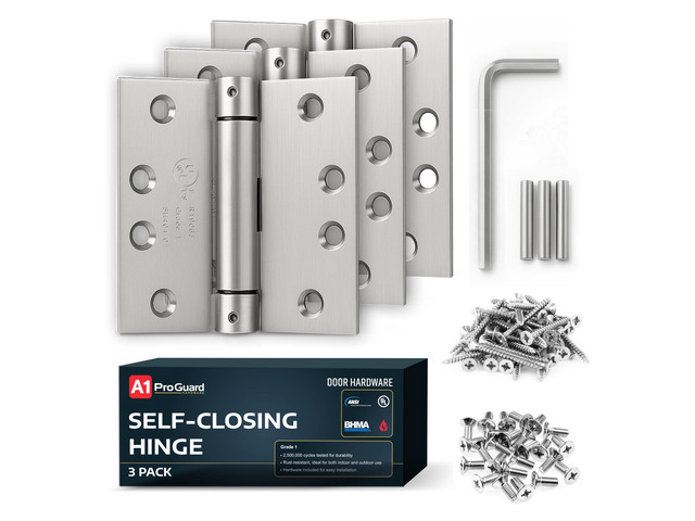 A1 ProGuard Satin Door Hinges 4.5 Inch Self Closing Hinge Hardware Adjustable Spring Hinges for Commercial Grade Self-Closing, UL Listed 3 Pack