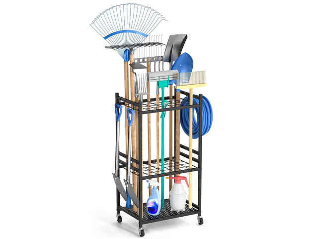 Garden Organizer With Wheels, Yard Tower Rack for Garage Storage, Up to 35 Long-Handled Tools, Sturdy Metal Steel Holder With 3 Hooks, Outdoor, Black