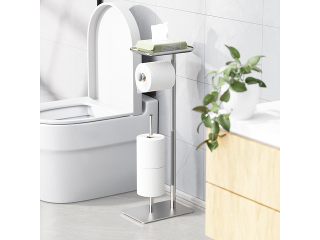 Toilet Paper Holder Stand with Top Storage Shelf Free Standing Toilet Roll Dispenser for Bathroom, Holds 4 Reserve Rolls, Silver