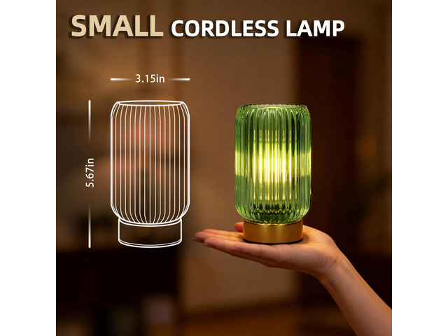 Battery Operated Lamp, Small Cordless Lamp with Timer, Green*2 Vertical Stripes Glass Lampshade, Small Table Lamps for Area No Plug, Decorative Led...