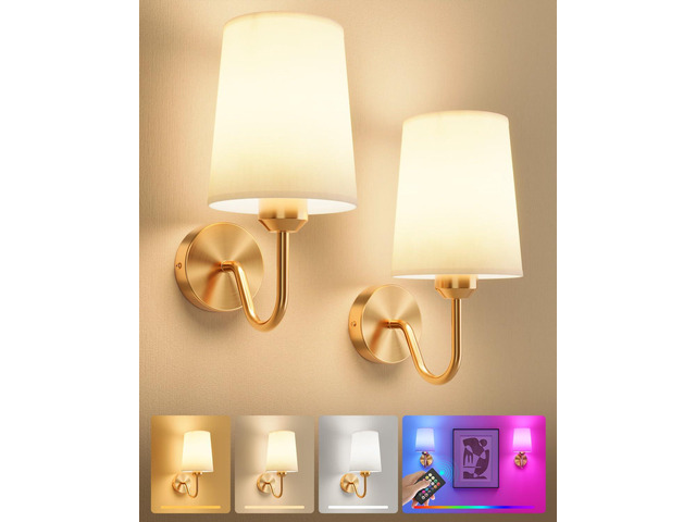 Battery Operated Wall Sconces Set of 2, Remote Control, RGB Bulb, Gold Wireless Rechargeable Dimmable Wall Light with RGB Bulb and Remote for...