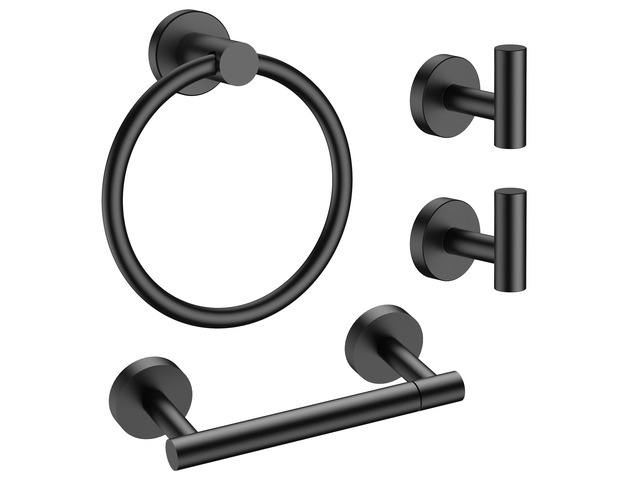 Bathroom Accessories Set, 4-Piece Bathroom Hardware Set Matte Black SUS304 Stainless Steel Towel Ring, 2 Towel Hooks, and Toilet Paper Holder...