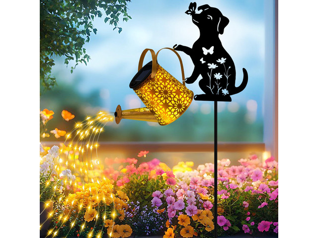 Solar Lights Outdoor Decorative, Watering Can with Cascading Lights, with Dog Silhouette Garden Stakes, Gifts for Mom Women, Waterproof Metal...