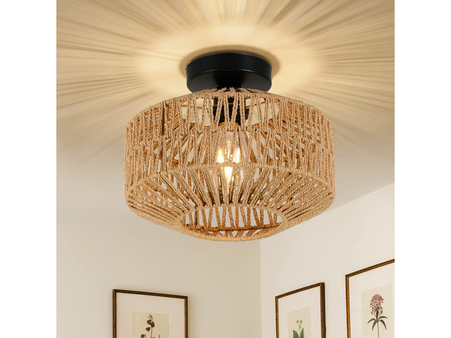 Boho Light Fixtures Ceiling Mount,Mini Rattan Chandelier Light Fixture with Dimmable LED Bulb,Hand Woven Ceiling Light Fixtures Flush Mount for...