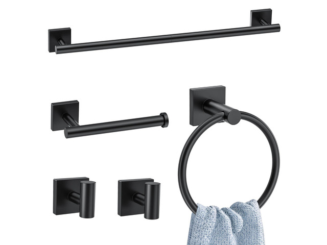 5 Pieces Bathroom Hardware Accessories Set Matte Black Towel Bar Set Stainless Steel Wall-Mounted Towel Holder 23.6 Inch Towel Racks for Bathroom
