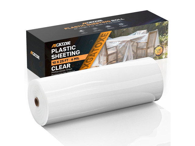 6 Mil 10x25 FT Heavy Duty Greenhouse Plastic Sheeting, Clear, 1-Roll Tear-Proof, Waterproof, UV Protection Plastic Drop Cloth for Industrial...
