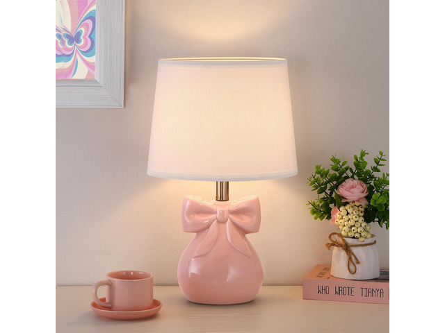 Pink Bow Table Lamp for Girl's Room, 19' Cute Lamp for Kids Bedroom Classic Girly Ceramic Bedside Lamp for Nightstand, Modern Princess Table Lamp...