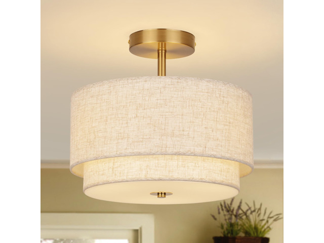 Semi Flush Mount Ceiling Light Fixture,12.6'' Gold Light Fixtures Ceiling Mount, Modern Close to Ceiling Light with 2-Layer Linen Shade,Farmhouse...