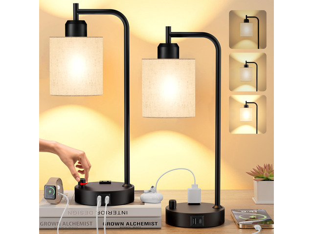 Industrial Table Lamps with Linen Shade, Set of 2 Fully Dimmable Bedside Lamps with USB A+C Ports and Outlet, Black Nightstand Desk Lamps for...