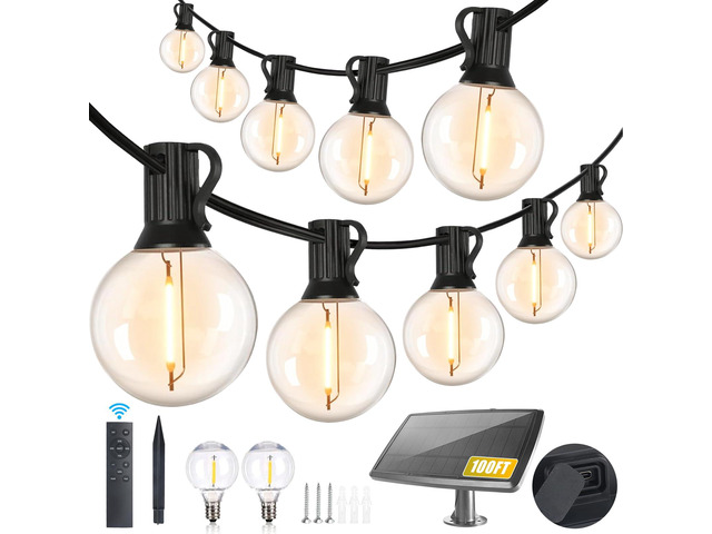 100FT Solar String Lights Outdoor Waterproof with Remote, G40 Solar Powered String Lights with 30+2 LED Shatterproof Bulbs, Dimmable Solar Patio...