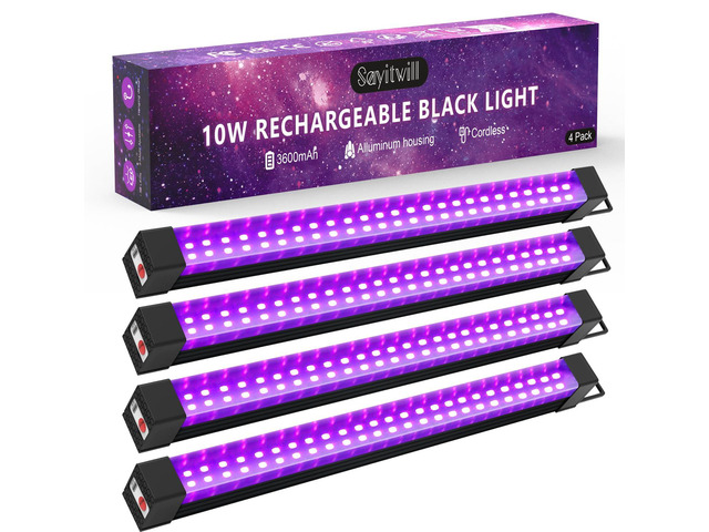 Rechargeable Black Light Bar 4 Packs, Battery Powered Black Lights for Glow Party, Cordless UV Strip Lights with On/Off/Dimma/Flash Switch, for...