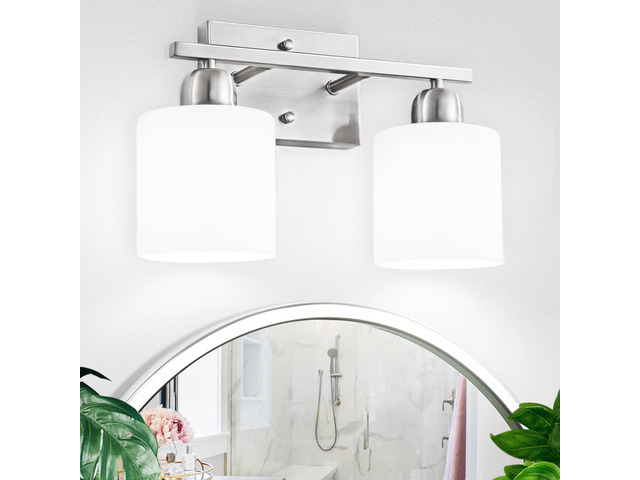 Brushed Nickel Bathroom Light, Anti-Rust Finish 2 Light Bathroom Vanity Light Brushed Nickel, Milky White Frosted Glass Shades, E26 Socket