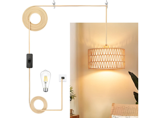 Boho Plug in Pendant Light, Handwoven Shade, 3 Way Bulb, 14ft Cord Rattan Hanging Lamp Plug in, Dimmable Hanging Light Fixture for Living Room...