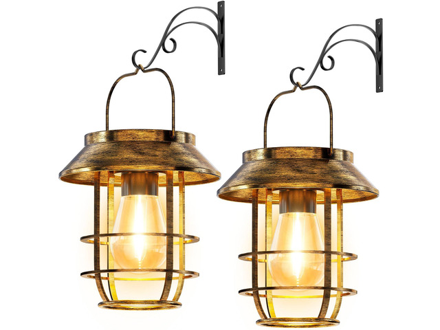 2 Pack Solar Lanterns Outdoor Waterproof, High Brightness Hanging Solar Lights for Outside with Wall Hooks, Retro Metal Outdoor Lanterns Auto...