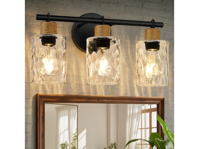 Bathroom Light Fixtures, 3-Light Coastal Vanity Lights with Crystal Glass Shade, Black Bathroom Wall Lamp for Mirror Kitchen Hallway Cabinet