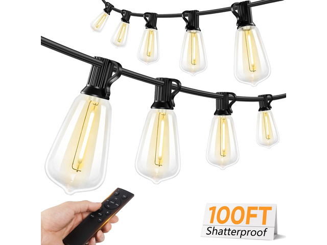 LED Outdoor String Lights with Remote, 100FT Commercial Grade Waterproof Outdoor Patio Lights, 30+2 ST38 Dimmable Edison Bulbs, 2700K Warm White...