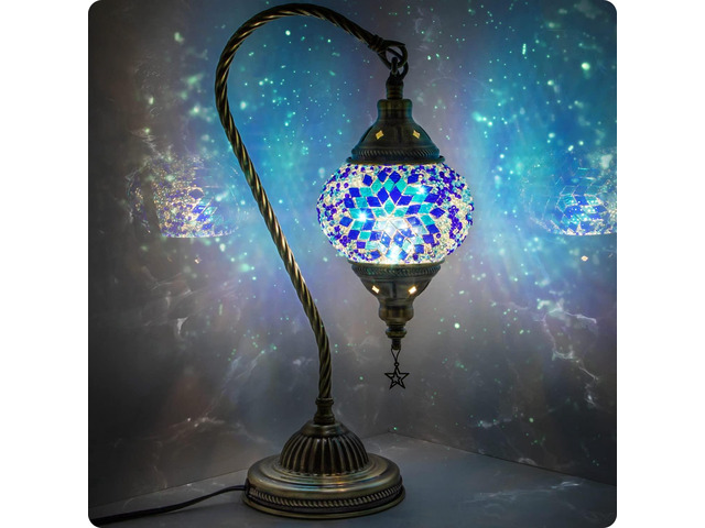 Turkish Moroccan Lamp with Bronze Base 3 Color Options Handmade Swan Neck Mosaic Glass Bedside Lamps for Bedroom (LED Bulb Included)(Blue2)