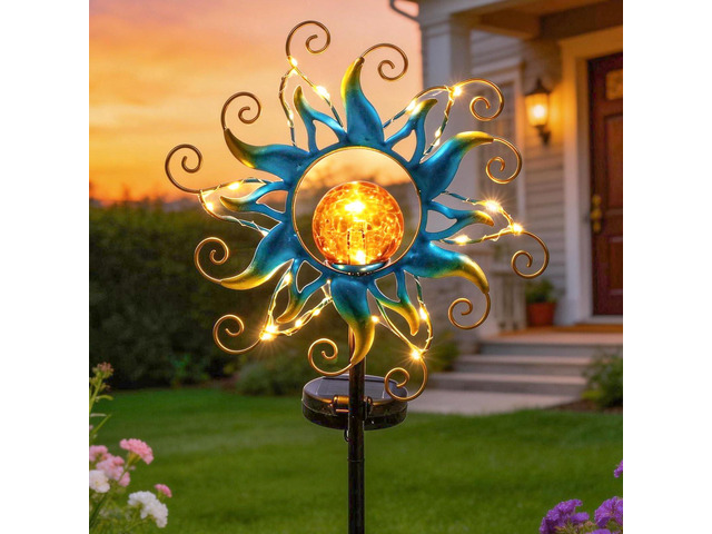 ZHQIAN Solar Lights Outdoor Garden Decor, Blue Metal Sun Crackle Glass Globe Stake Waterproof 30LED Decorations Unique Gifts for Women,Mom,Outside,...