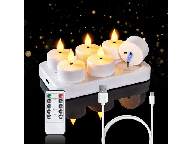 6-Pack Rechargeable Tea Lights Candles with Remote, 2/4/6/8H Timer Flameless Flickering Battery Operated LED Tealights with Charging Base for...