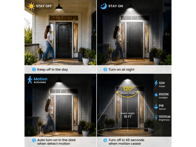 4-Pack 12W Motion Sensor LED Light Bulbs,100W Equivalent E26 6500K A19 Auto On/Off Motion Activated Dusk to Dawn Lights, Indoor Outdoor Lighting...