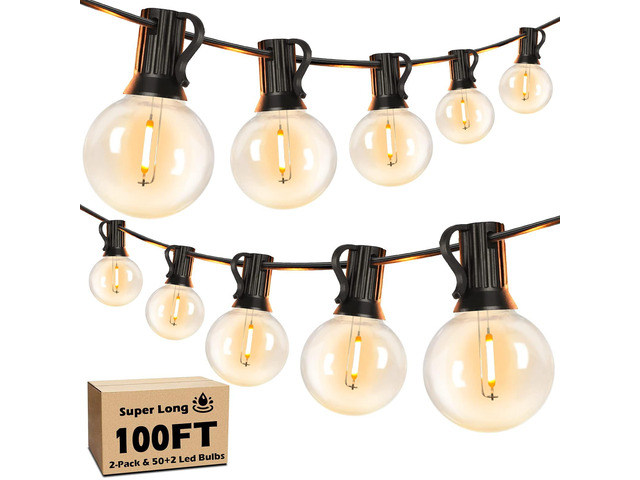 100FT LED Outdoor String Lights Patio Light with 52 Shatterproof G40 Dimmable Globe Bulb, 2-Pack 50FT Waterproof Outside Hanging String Light for...