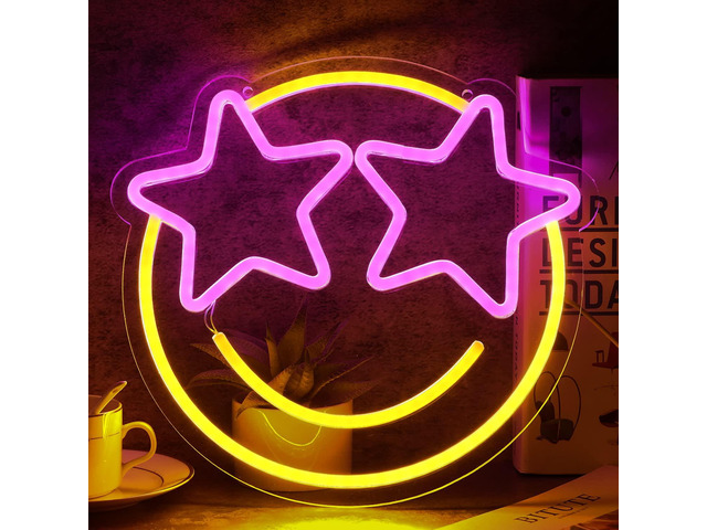 LED Lights Wall Decor 12.2*11.41in Dimmable Smiley Face Neon Sign Yellow and Pink Light Up Signs for House Bedroom Game Room Classroom Bar Fun...