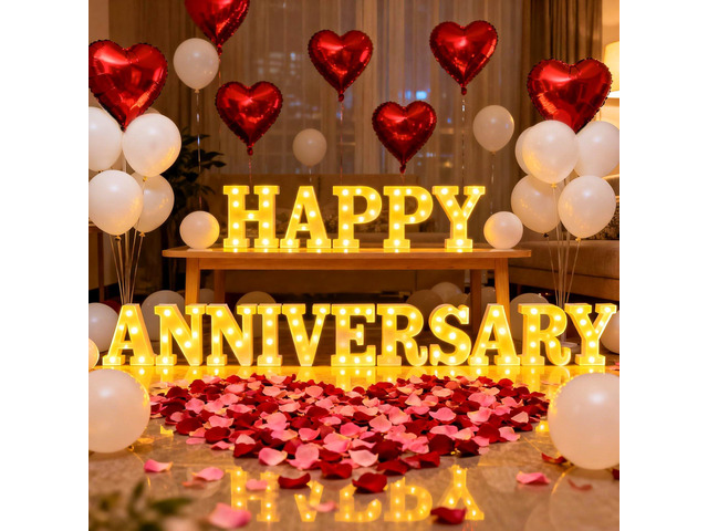 Happy Anniversary Decorations, Light up Letters Sign, with Rose Petals, Round Pearlescent Balloon, Aluminum Balloons, Light LED Neon, Table Decor...