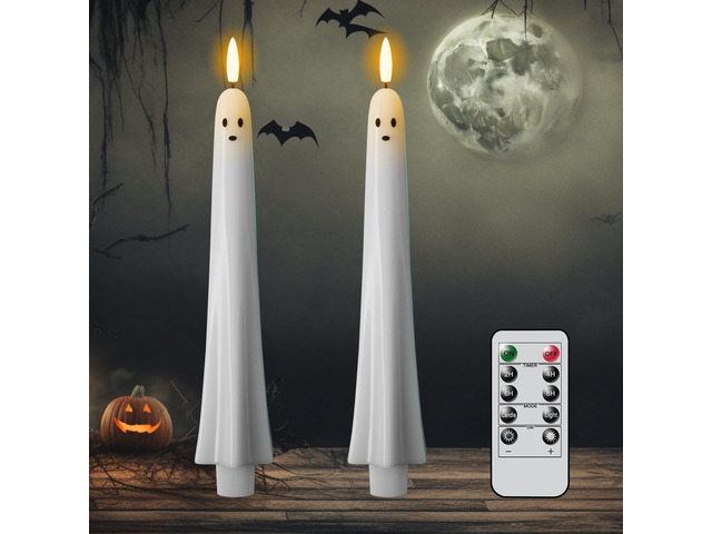Halloween Ghost Flameless Taper Candles Flickering Remote Timer Battery Operated LED Candlesticks, 3D Wick Hand Painted Wax, 400 Hours Long...
