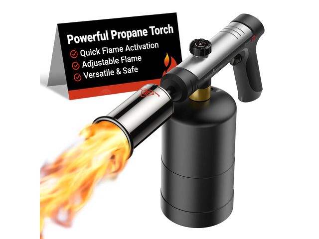 Propane Torch Gun, One-Touch Max Fire Flame Thrower, Silver Safety Lock, Adjustable Flame for Charcoal Lighting, Grilling, Sous Vide, BBQ, and...