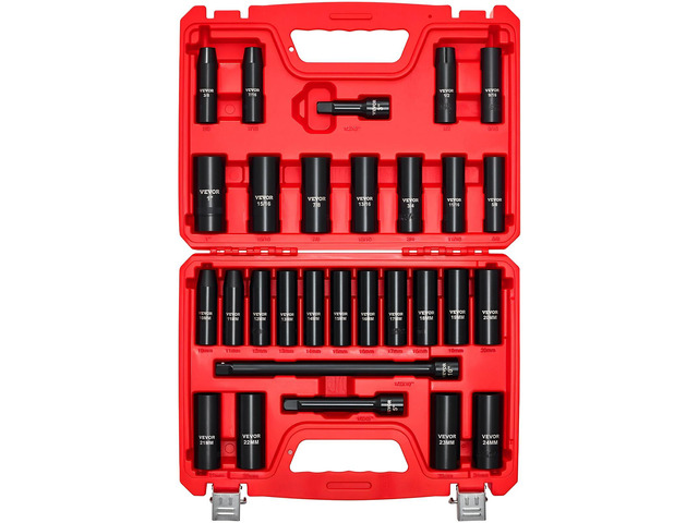 1/2' Drive Impact Socket Set, 29-Piece Deep Sockets SAE (3/8 to 1 inch) and Metric (10 to 24 mm), 6 Point, CR-V Steel, Extension Bars (3', 5',...