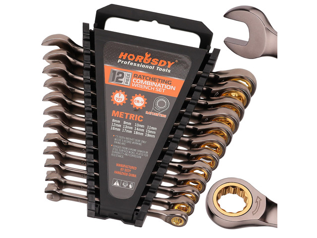 12-Piece Metric Ratcheting Wrench Set 8-19 mm Ratchet Combination Wrenches Set with Organizer 72-Teeth Chrome Vanadium Steel
