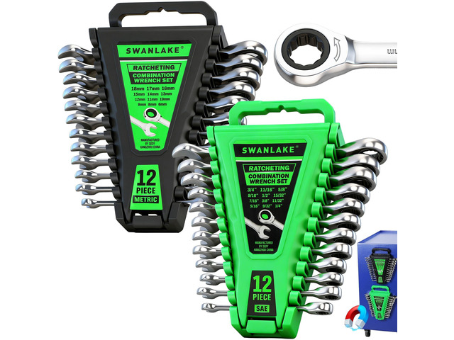 24-Piece Combination Ratchet Wrench Set, Metric (6-18mm) & SAE (1/4''-3/4'') Wrenches Set, 12-Point 72-Tooth Ratchet Spanners with Magnetic Base...