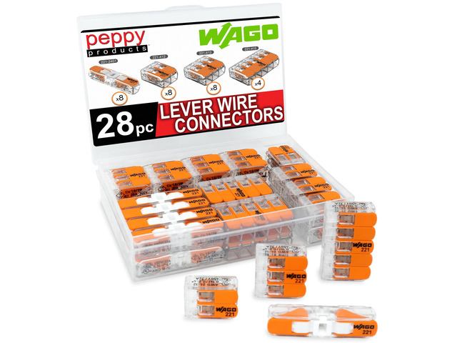 WAGO 221 Lever Nuts 28pc Compact Splicing Wire Connector Assortment with Case Includes 221-2401, 221-412, 221-413, 221-415